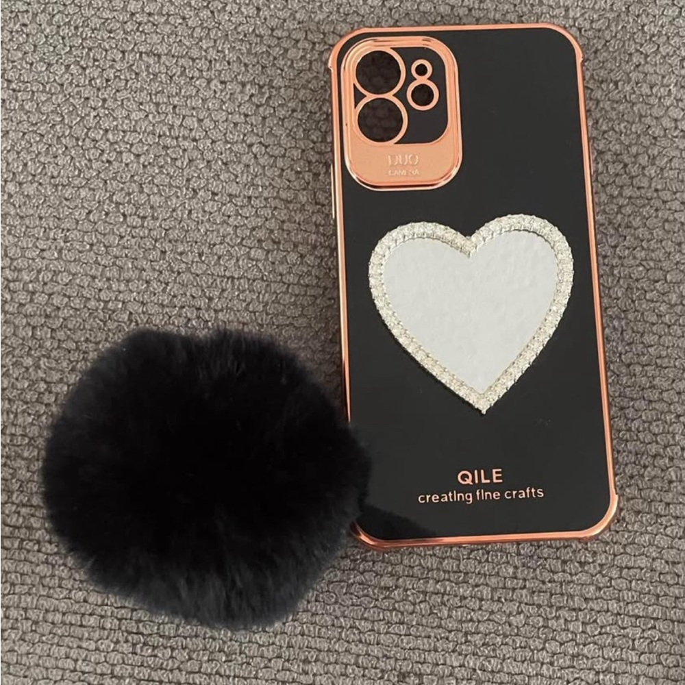 Black and Gold Heart Phone Case with Mirror Pom Pom